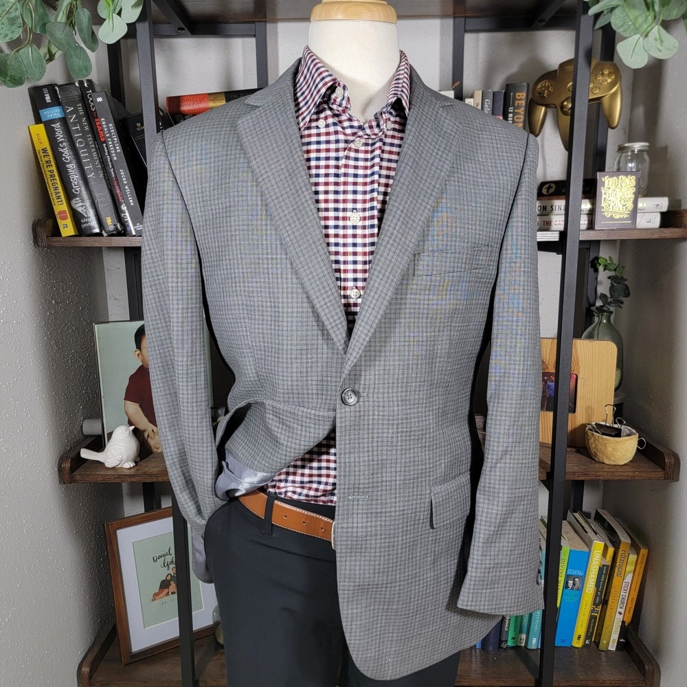 Pronto Uomo Platinum Men's Sport Coat Two Button Gray Checked Poly Wool Size 41R